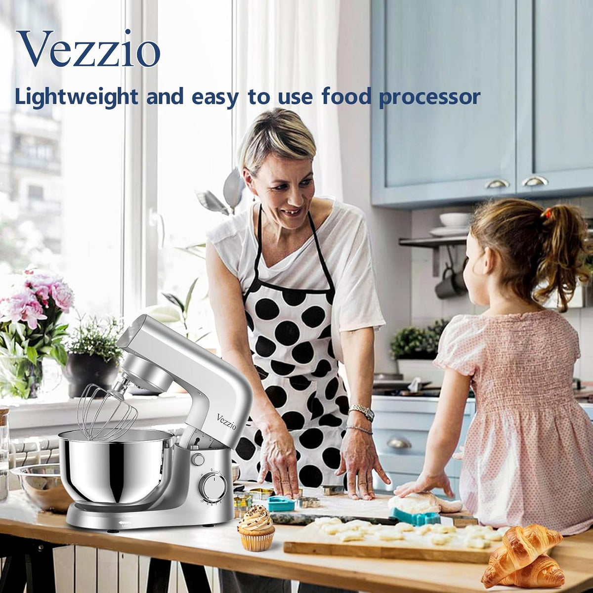 Vezzio Blender, 4,5 liter, 1500 W, 10 snelheden, keukenmachine om te bakken (zilver) (zilver)
