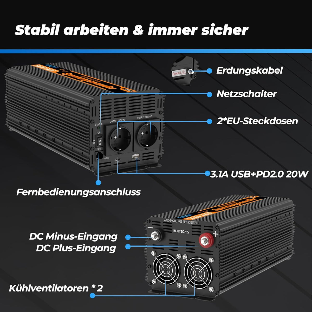 EDECOA 12 V 230 V omvormer, 2000 W/4000 W, 12 V naar 230 V, zuivere sinusgolf, omvormer met wifi-module, ondersteuning voor app-functies met 1 USB-poort en 1 PD-aansluiting