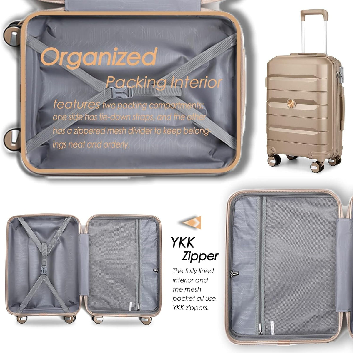 Sea choice Kofferset 4st Handbagage Trolley Koffer met Beautycase Harde Schaal Polypropyleen Reiskoffer TSA slot 4 dubbele Wielen S-M-L-XL (Kofferset 3(Uitbreidbaar), Edel Goud)