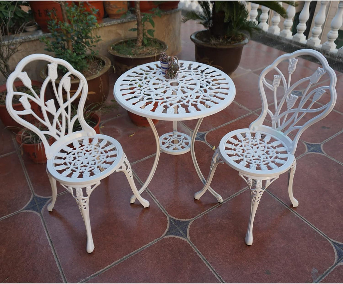 Garden Furniture Set, 3-Piece Aluminium Casting Tavern Set, White, 2 Chairs with Ornament Design and 1 Table, for Balcony and Patio (Tulip White) - QUORE