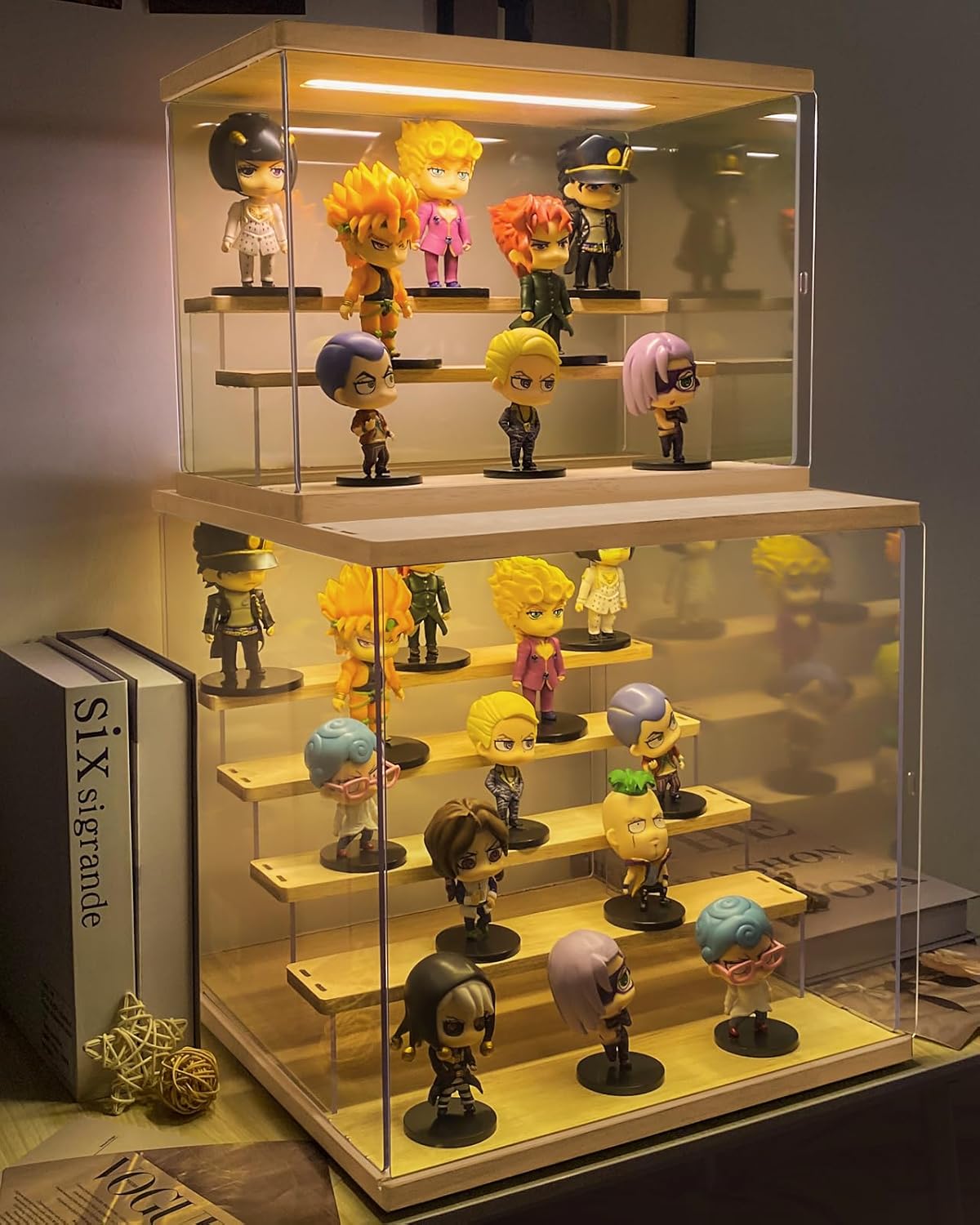 Doorzichtige Acrylen Vitrine met Licht Verlichting, 3/4/5/6 Laags Stofdichte Bescherming LED Displaykast voor Miniaturen, Modelauto’s, Actiefiguren (Hout, 6 Laags-50x32x42cm)