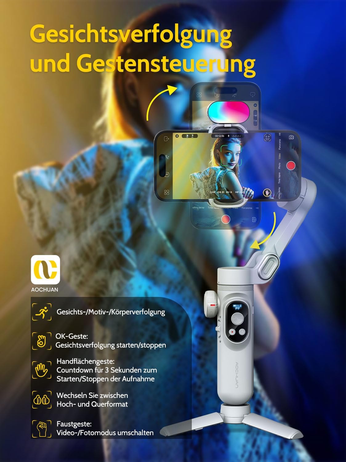 Gimbal Stabilizer voor Smartphone, RGB Magnetische Refill Light Set, OLED Display LED Licht Focus Wiel, Professionele 3-assige stabilisator voor Android &iPhone, AOCHUAN XPRO KIT Grijs