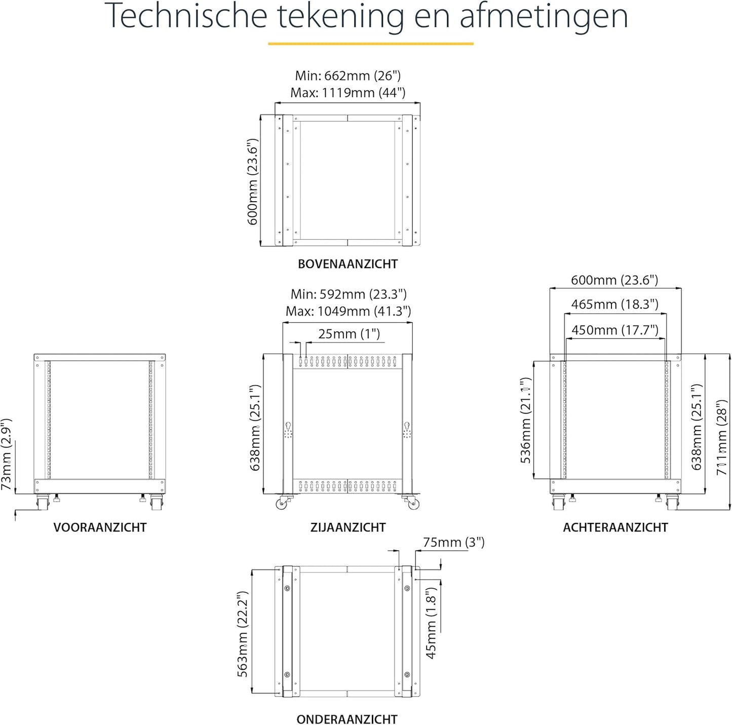 Serverrack – Serverkast – Patchkast – Netwerkkast – Datarack – 12U 4-Post Open Frame 19 Inch Met Wielen – Verstelbare Diepte Van 56,0 Tot 101,7 Cm