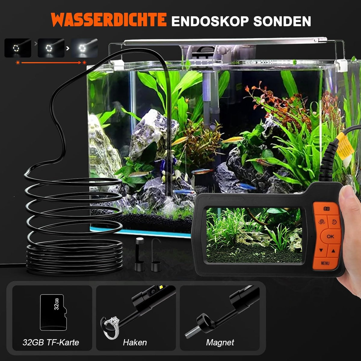 Endoscoopcamera met drie lenzen, 15 m, 5 inch IPS-scherm, 8 mm slangencamera, HD 1080p digitale inspectiecamera, IP67 waterdicht, buiscamera met vette kabel, 32 GB