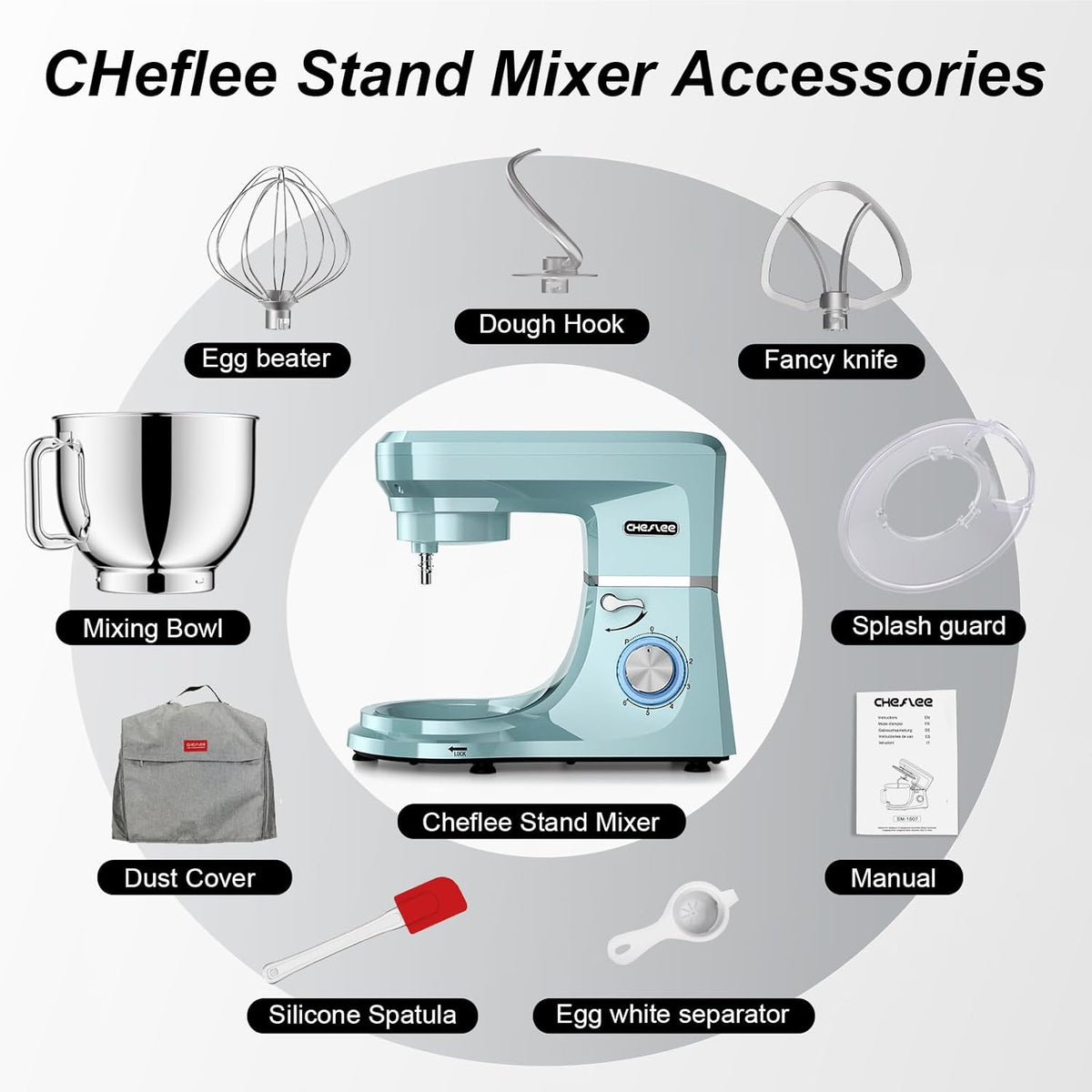 CHeflee Keukenmachine, 2000 W, krachtige kneedmachine, met kneed- en roerfunctie, 6 snelheden, geluidsarme deegkneedmachine, 8 liter, roestvrijstalen kom, kneedhaak en garde, stofhoes