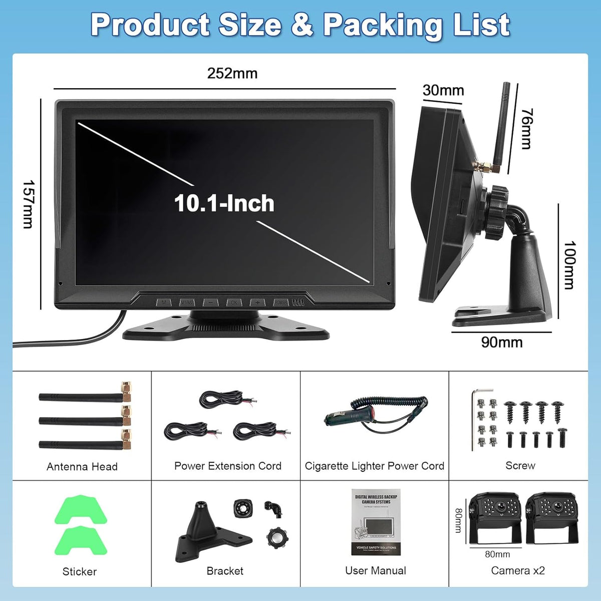 Digitale Achteruitrijcamera – Draadloze Parkeerhulp – Backup Camera – Camera Systeem – 10,1 Inch HD Monitor – IP68 Waterdicht – Nachtzicht - QUORE