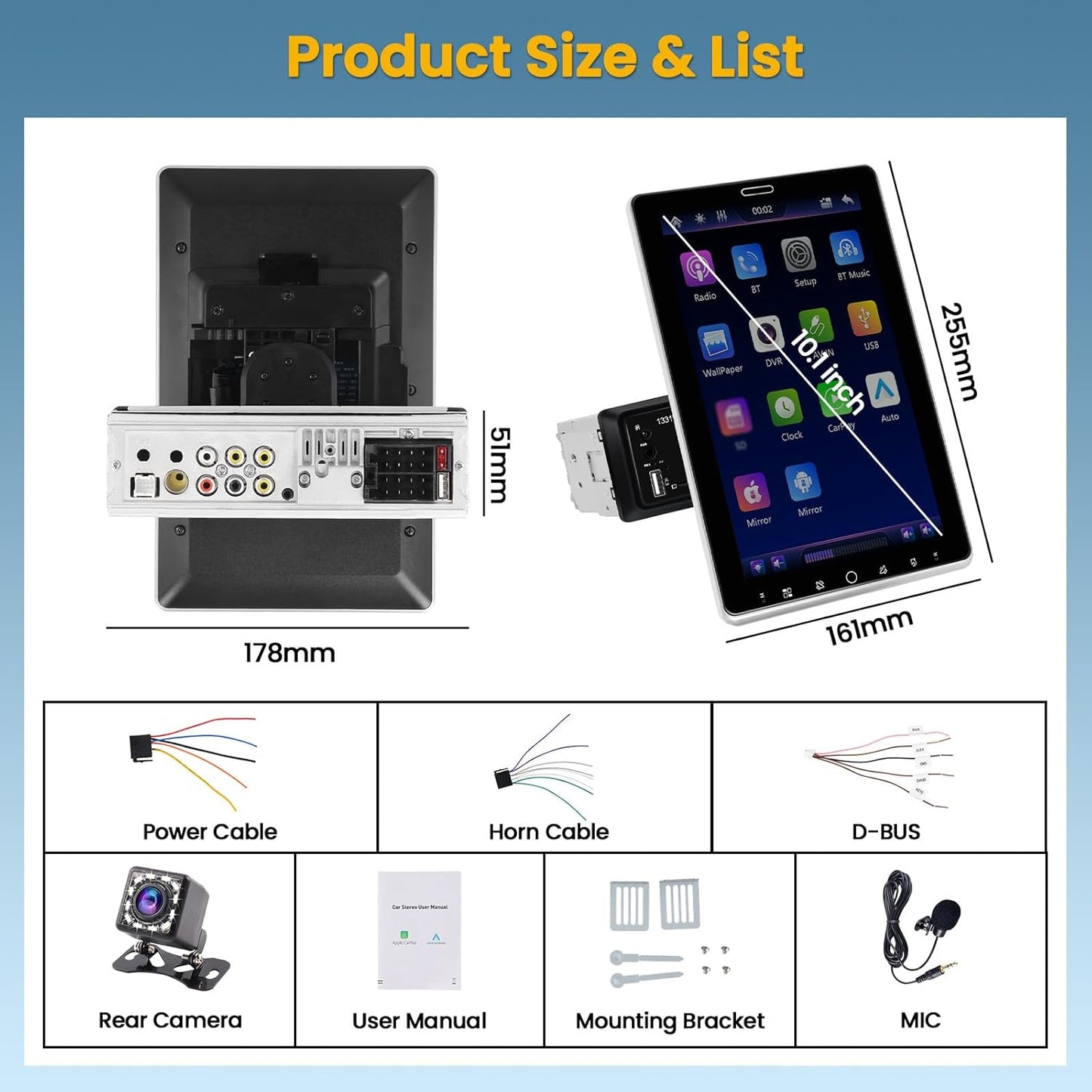 Hikity 1 Din Autoradio met 10,1 inch IPS draaibaar touchscreen, Bluetooth 5.2 Wireless Carplay Andriod Auto FM AM RDS radio met USB AUX IN TF Card EQ SWC autoradio achteruitrijcamera Mirror Link DVR
