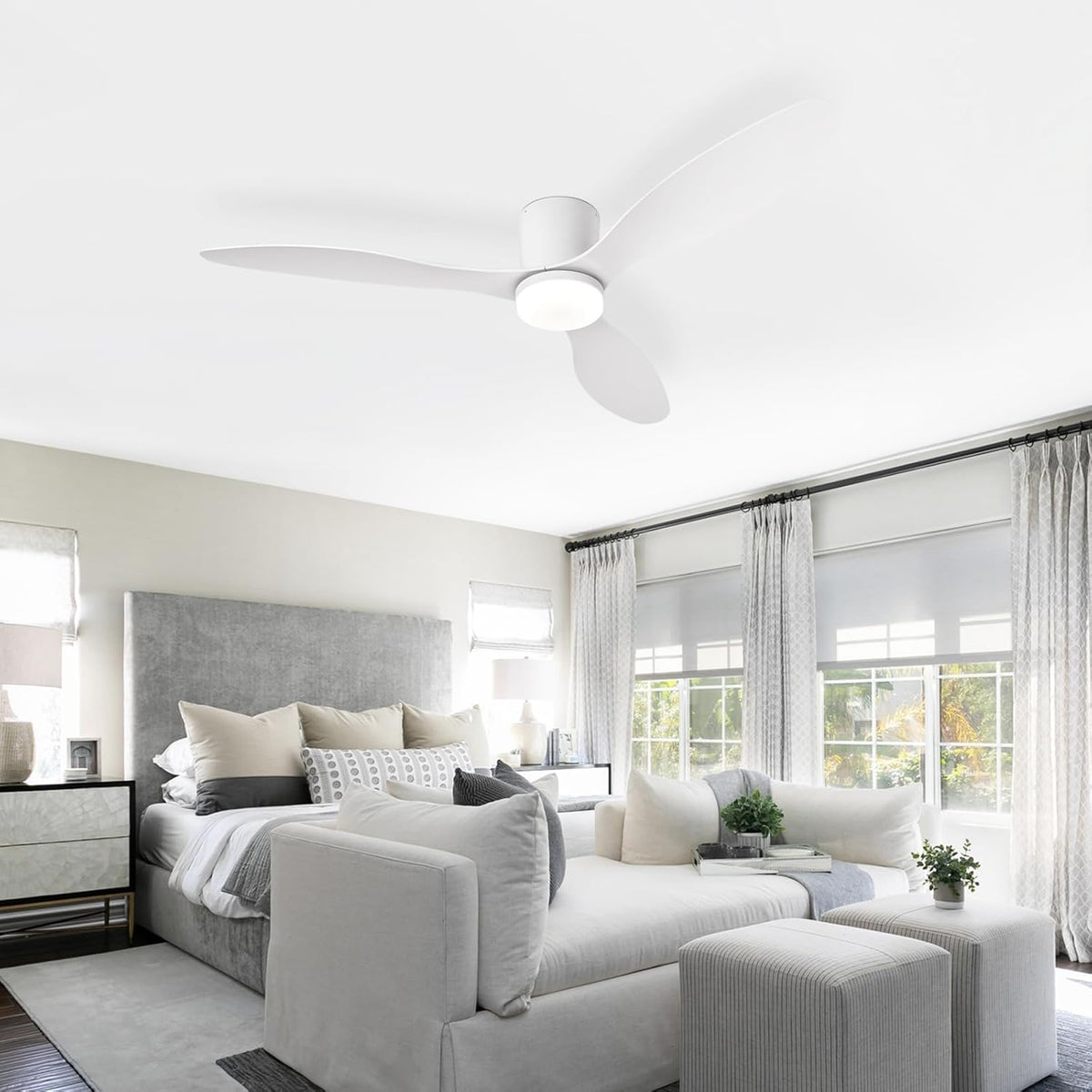 Grote Plafondventilator Met Verlichting En Afstandsbediening Voor De Slaapkamer, Moderne Plafondventilator Voor Binnen Met Lampen, 6-snelheden Stille DC-motor, Geheugenfunctie Dimbare Led-White||52in