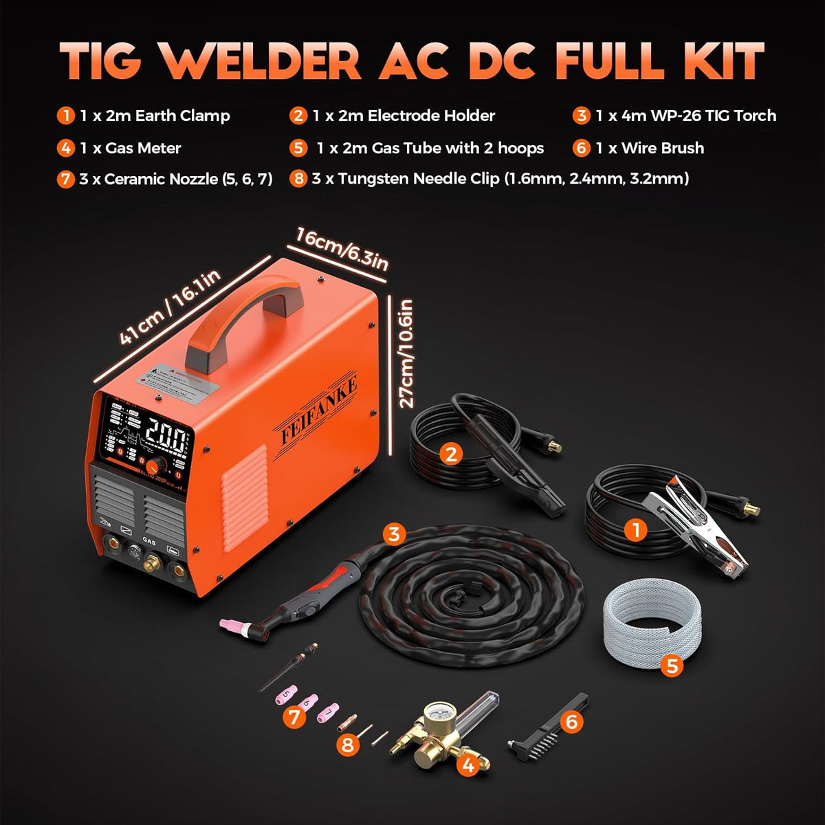 WIG IGBT Lasapparaat, AC/DC, 230 V, 200 A, inverter-lasapparaat, IGBT puls aluminium lasapparaat, 7-in-1 elektroden lasapparaat met digitaal led-display en WP26 WIG-brander, roestvrij staal, aluminium