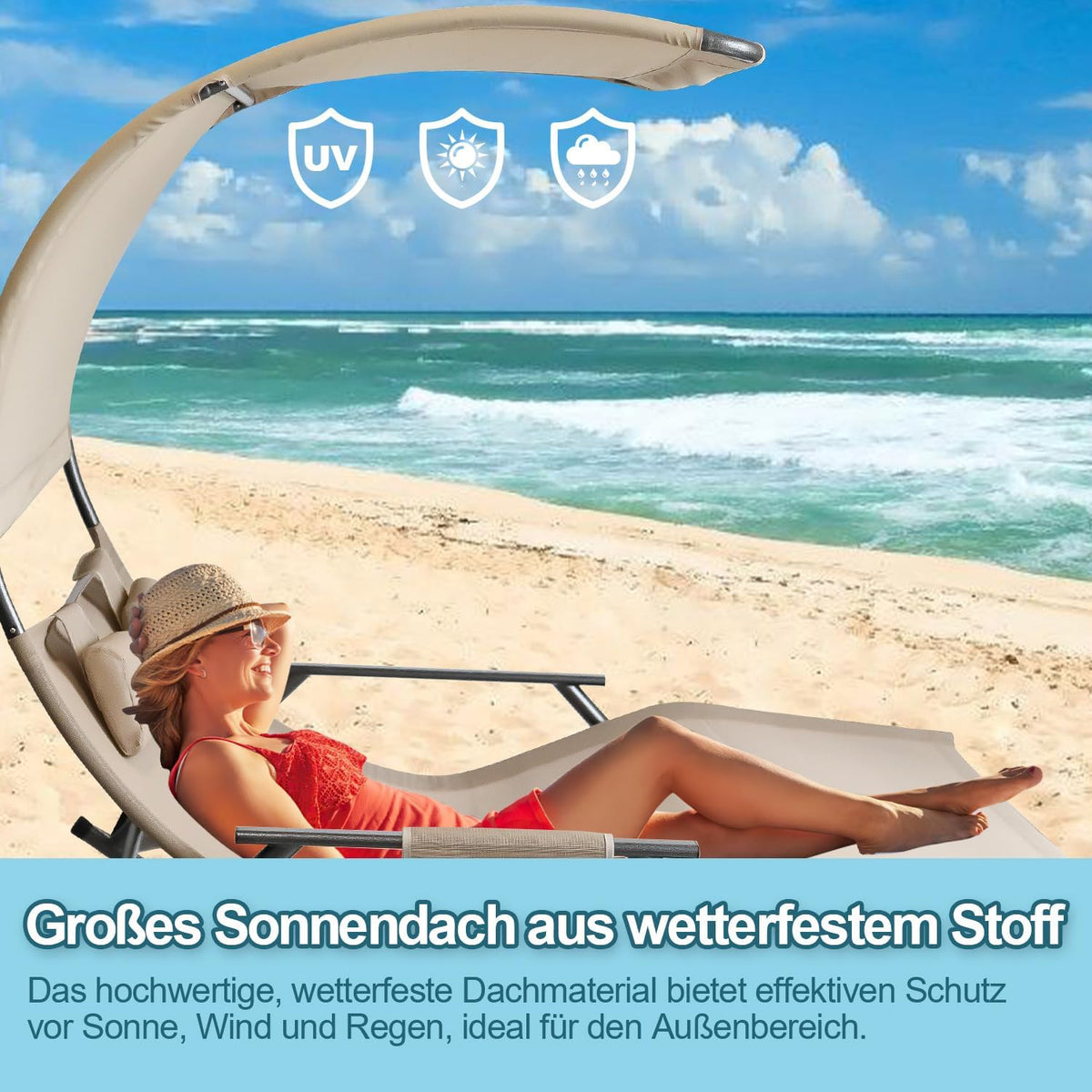 Outdoor Double Lounger Sun Lounger for 2 People with Sun Canopy Bag Double Rocking Chair up to 250 kg Breathable Fabric Versatile Choice of Colours for Garden, Balcony, Patio (Beige) - QUORE