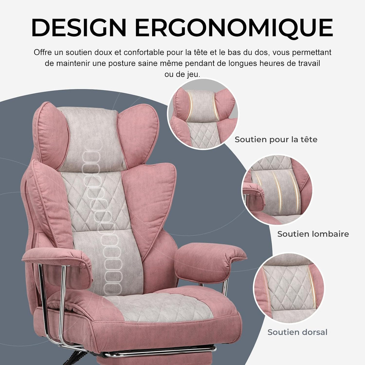 GTPLAYER Ergonomic Gaming Chair, Adjustable Gaming Chair, Office Chair with Footrest, Adjustable Backrest for Work and Play Technological Fabric, Pink - QUORE