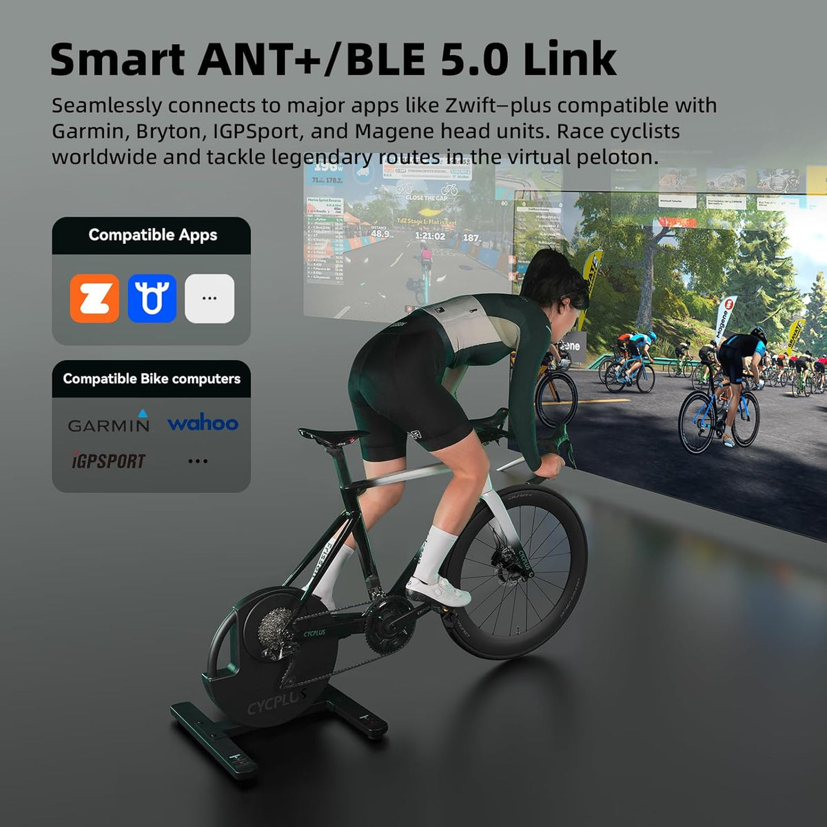 CYCPLUS R200 Smart Indoor Bike Trainer, 2200 W borstelloze motor, 19% gradiëntsimulator, BLE & ANT+ Dual Mode, Virtueel schakelen, Simulatie bergopwaarts en bergafwaarts, super stilte voor realistisch