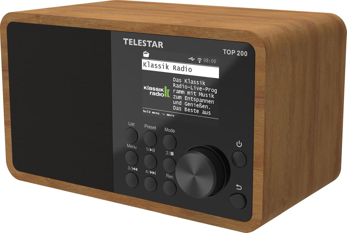 TELESTAR TOP 200 – DAB+/internetradio (mono, 10 watt, Bluetooth zender/ontvangstfunctie, USB-opname, noodwaarschuwingssysteem, app-bediening) – hout