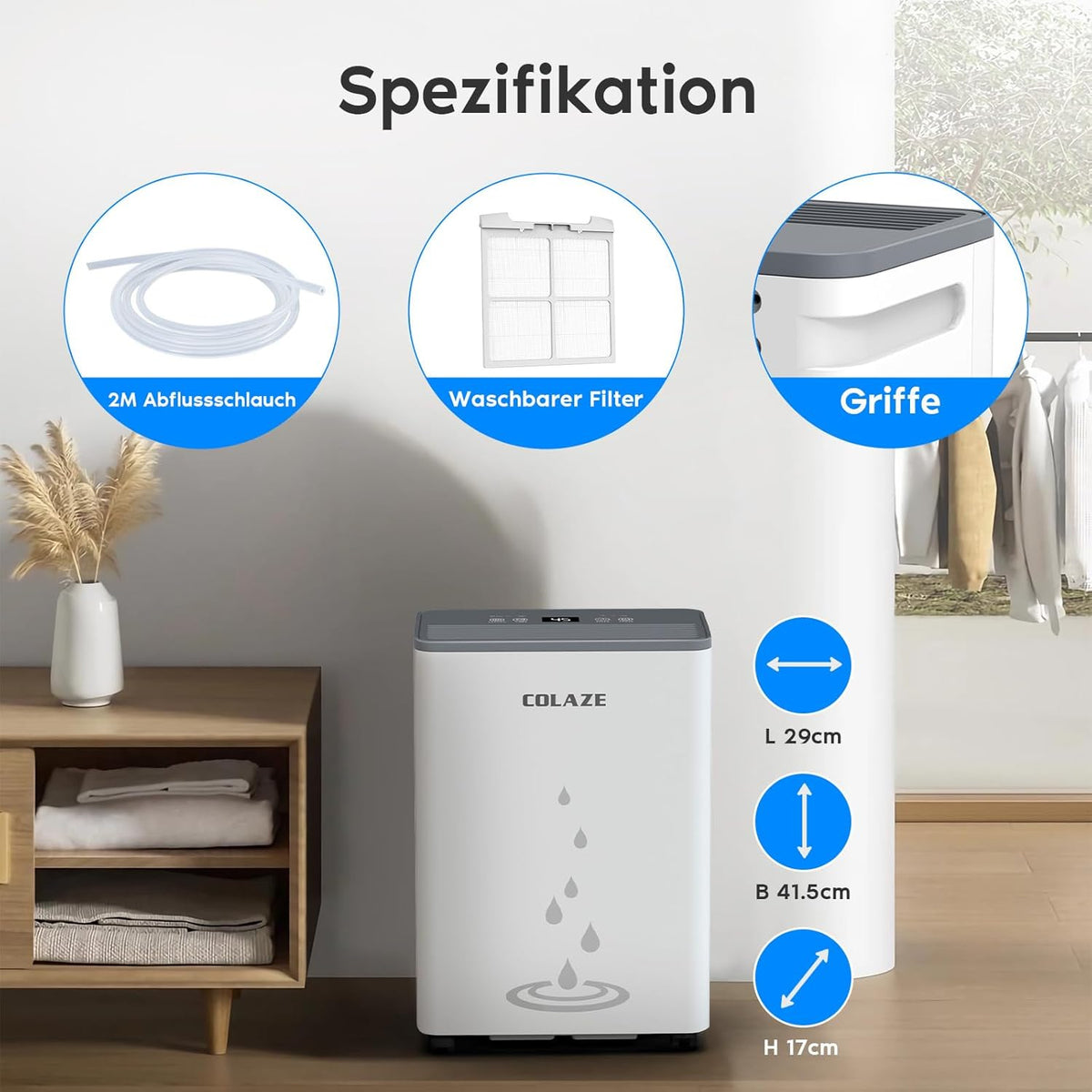 Colaze Luchtontvochtiger 20L/24U, Elektrische Luchtontvochtiger voor een ruimte van ca.150m³(50m²), Stille elektrische ontvochtiger, Elektrische kamerluchtontvochtiger voor appartement, kelder