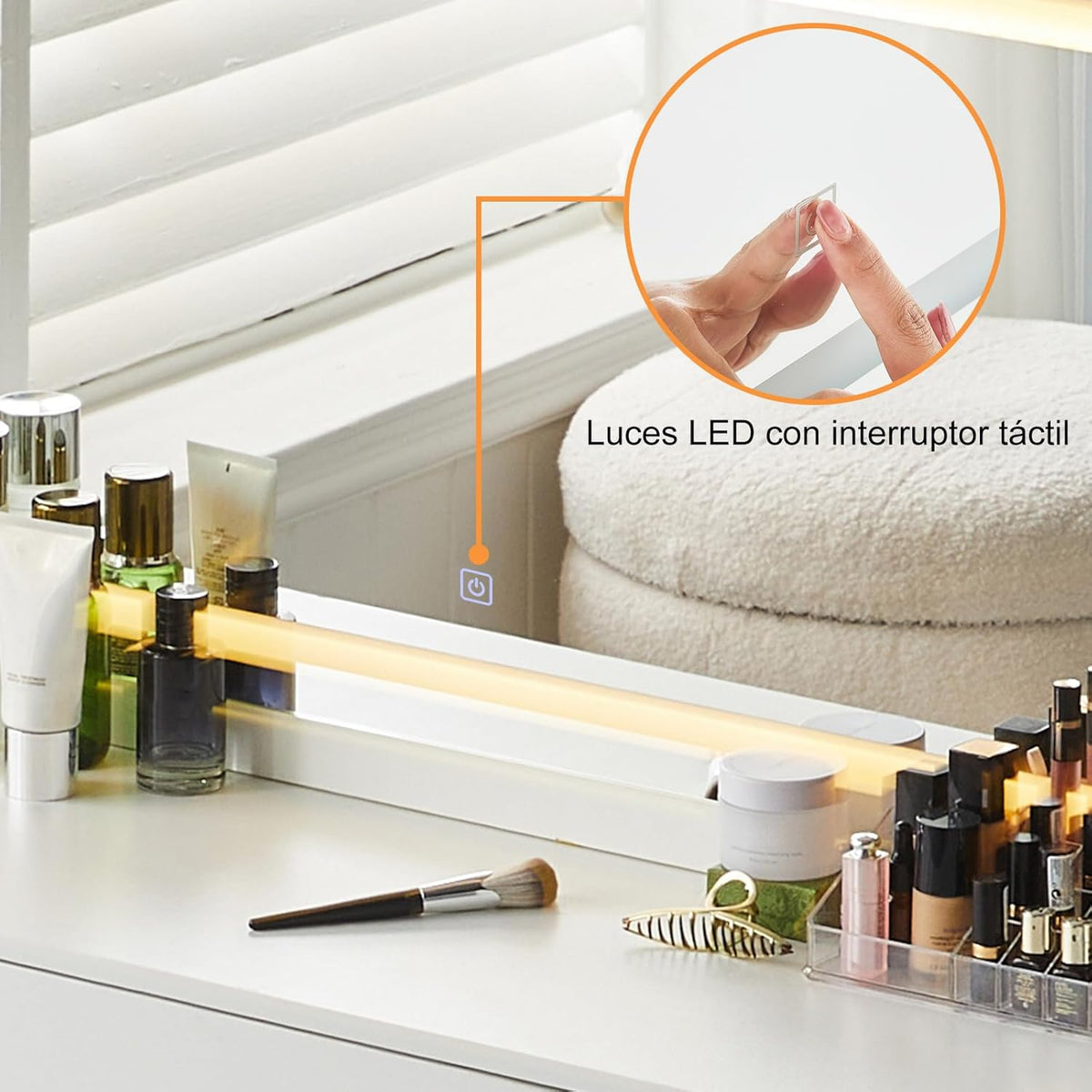 CLIPOP Dressing Table with Large Mirror and 12 LED Lights Hollywood, Adjustable Brightness, Dressing Table with 7 Drawers and Stool, Modern White Makeup Table Set (DR-0457) - QUORE