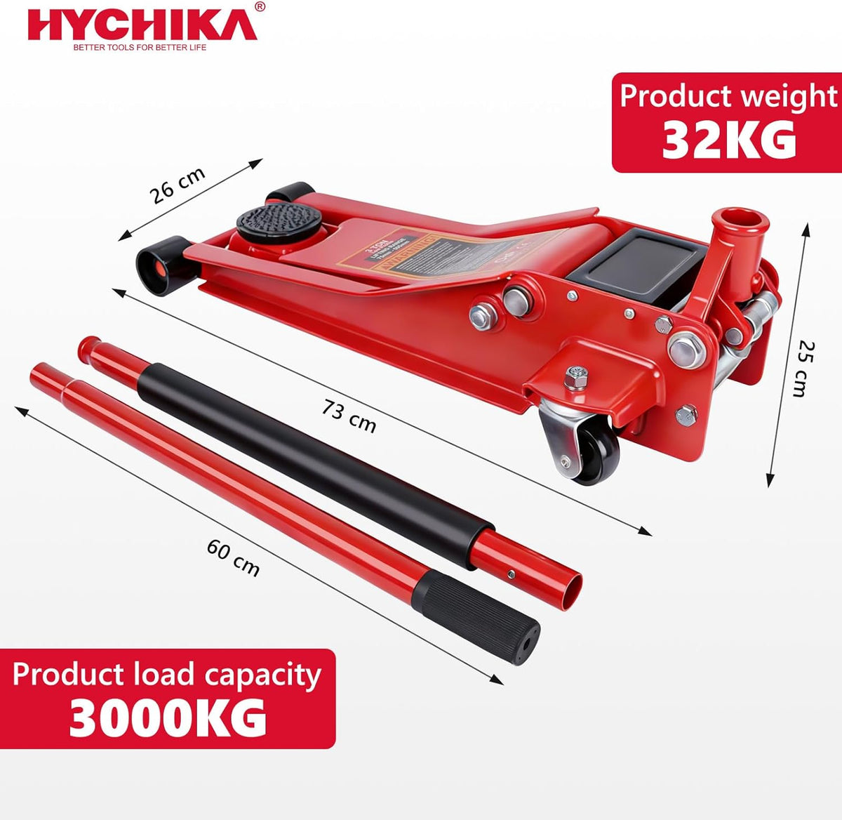 HYCHIKA Stalen racetrolley, krik, met dubbele zuiger, snelheffingspomp, capaciteit van 3 ton, hefbereik 7,6-46,5 cm