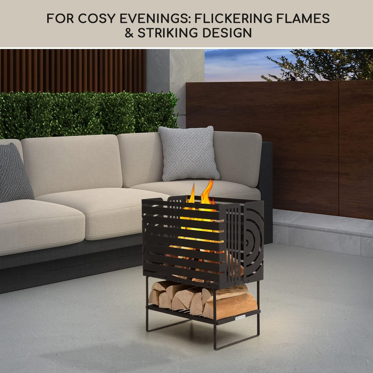 Blumfeldt Vuurschaal met grillrooster, outdoor stalen vuurschaal, groot voor balkon en camping, mobiele vuurschaal 40 cm, vuurschaal met standaard, weerbestendige vuurschaal, rechthoekige haard
