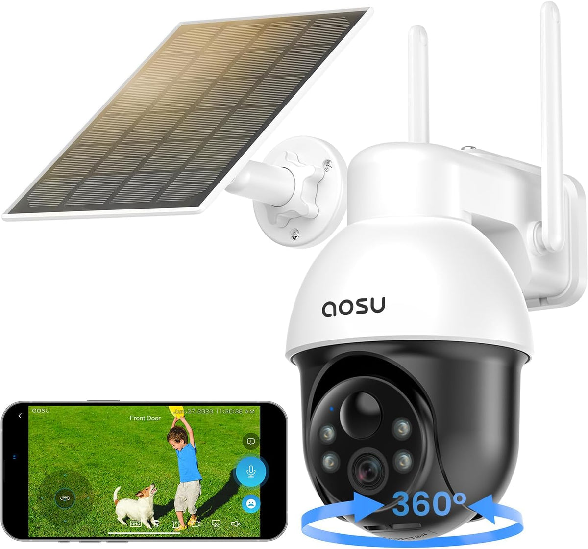 AOSU Draadloos Buiten Systeem voor Zonnebeveiligingscamera's, 3K/5MP WiFi Camera op Batterij voor Huisbeveiliging, Panoramische PTZ, Auto Tracking, Nachtzicht, Spotlights, 2-Weg Gesprek