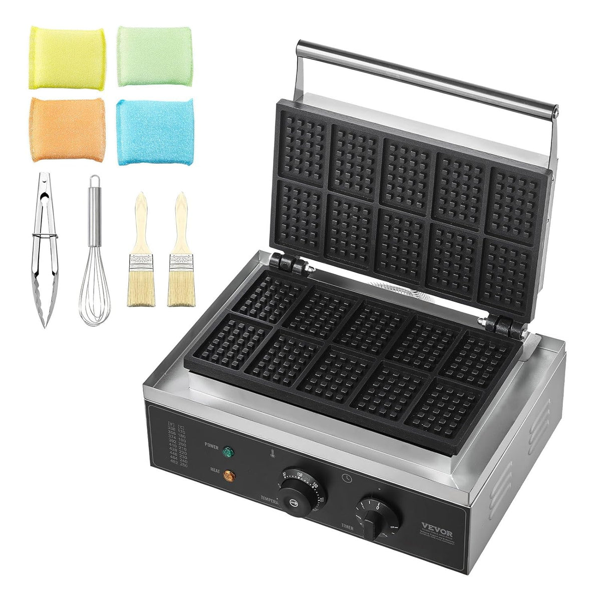 VEVOR Commercieel wafelijzer, 1550 W, anti-aanbaklaag van roestvrij staal, met temperatuur- en tijdregeling, handvat, voor restaurant, bakkerij, snackbar, familie, 10 rechthoekige wafels