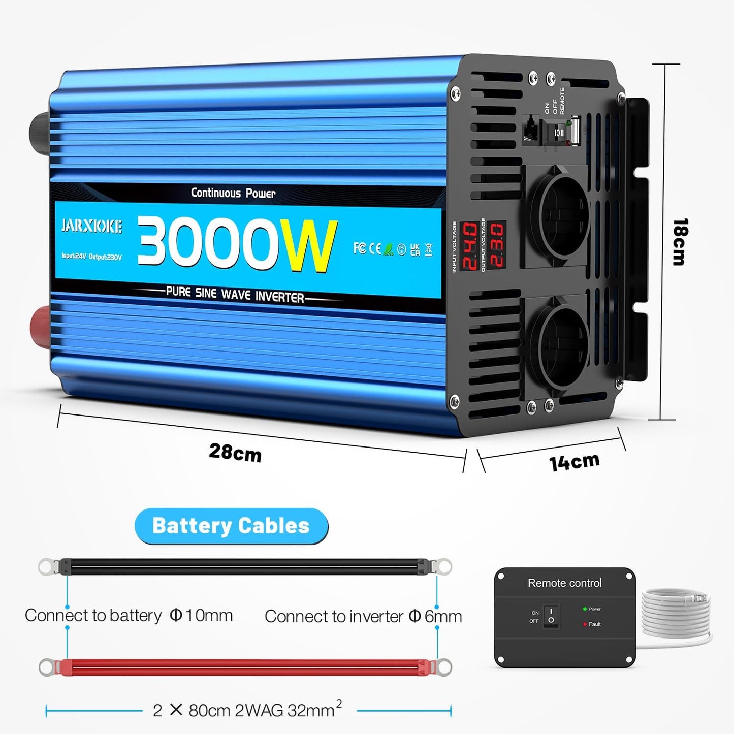 Omvormer zuivere as 3000 W omvormer 24 V 220 V / 230 V stroomomvormer - 2 AC-stopcontacten en USB-poorten en aansluitingen met hoge stroomsterkte voor auto, caravan, boot