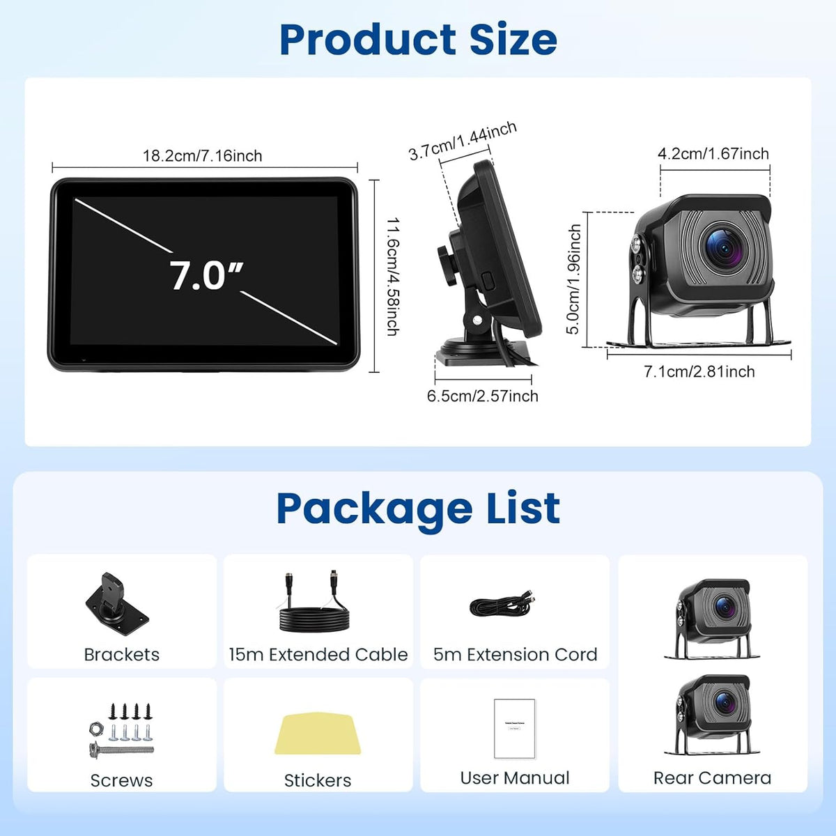 Hikity Achteruitrijcameraset voor 2 camera's IP68 met touchscreen, achteruitrijcamera met audio-afspelen/loopopname/BSD/IR zicht, voor camping, vrachtwagen, camper, aanhangers, 12 V-24 V