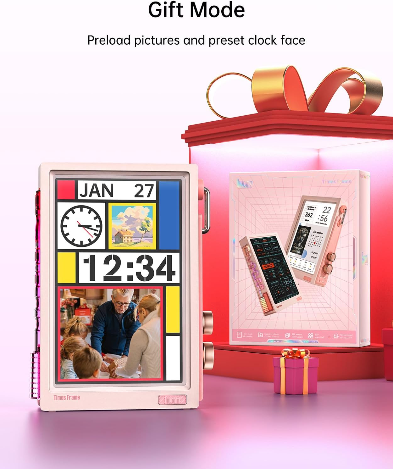 Divoom Times Frame Transparante digitale fotolijst (10,1 inch) met wifi en 64 GB, IPS-display met zwevend effect en RGB-draaiknop, 400+ wijzerplaten, widgets en pixel-art community (roze)