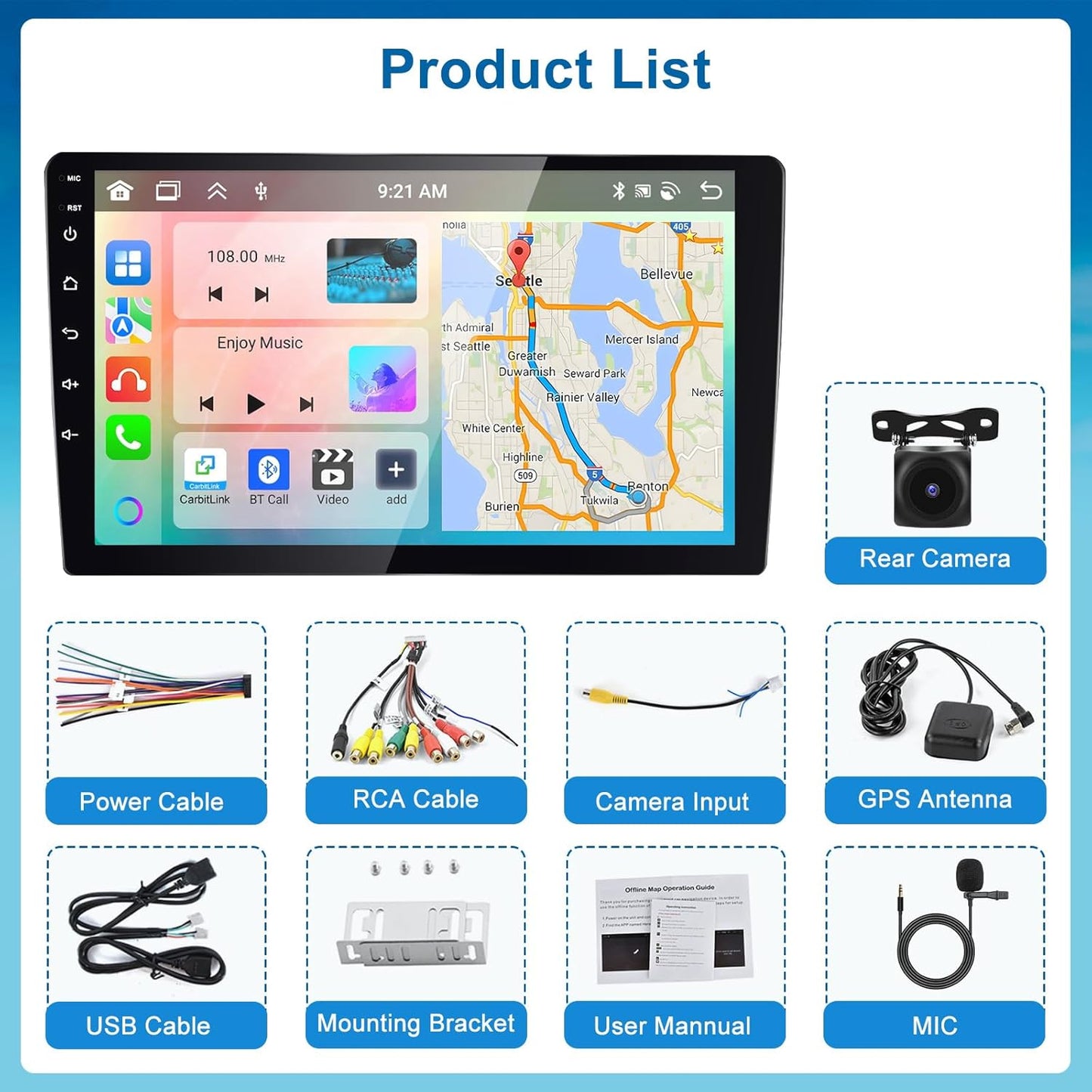 podofo autoradio, 8 kernen, 2-DIN autoradio, iOS, CarPlay, Android autoradio, 4 + 64 G, dubbele DIN 9 inch, 1280p IPS, touchscreen, stereo-radio met 32EQ DSP GPS, navigatie, wifi, Android auto en
