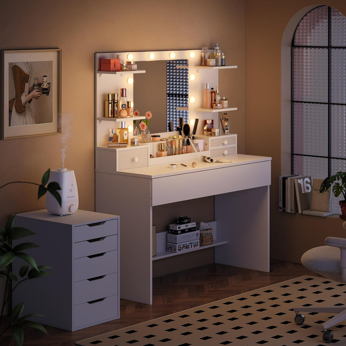 Make-up Tafel – Make-up Bureau – Toiletspiegel – Beautytafel – Schoonheidstafel – LED Spiegel met 10 Dimbare Lampen – 3 Kleuren & 9 Helderheidsniveaus – Laden en Gezoneerde Opslag – Wit 100x40x136 cm