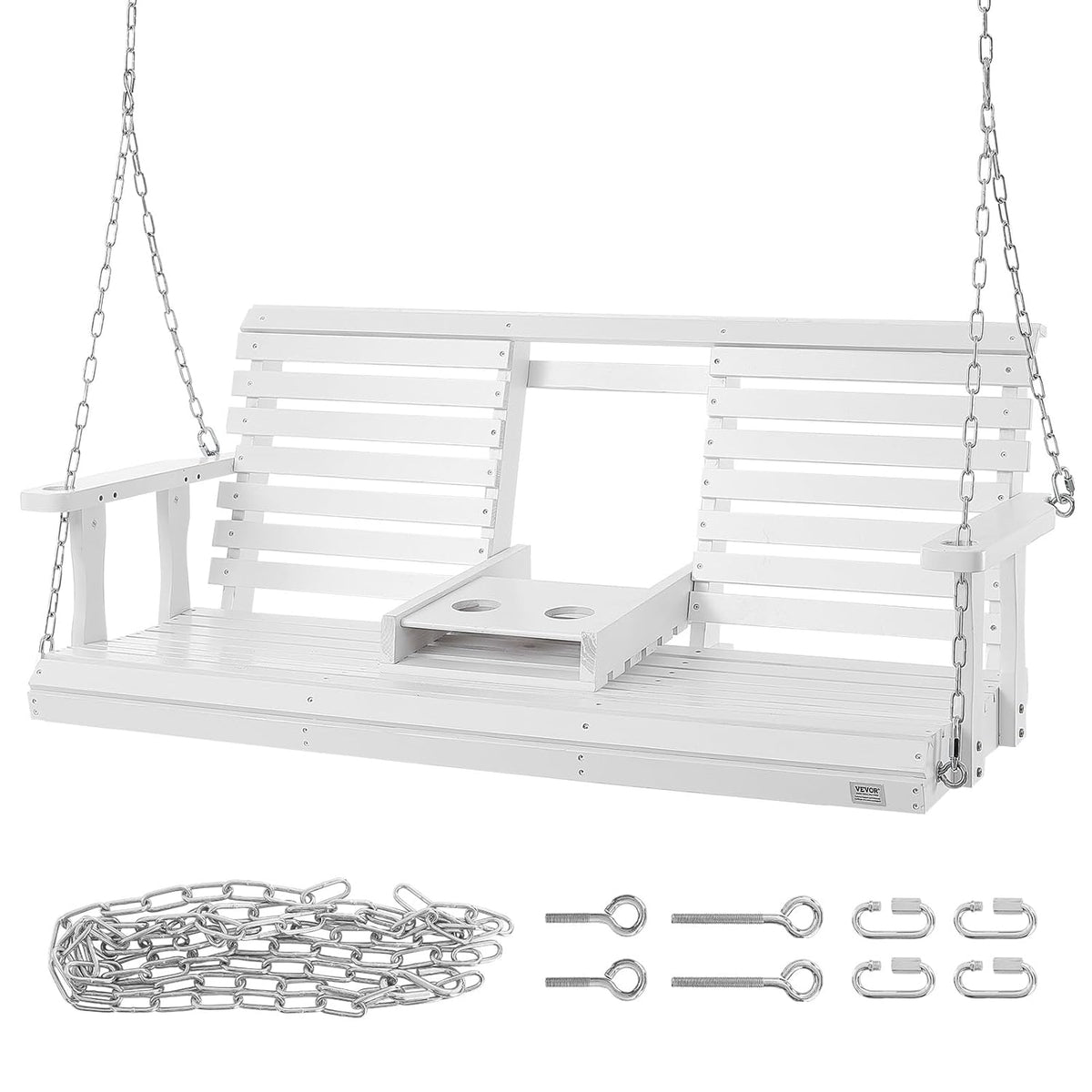 VEVOR Houten schommelbank, 1,5 m, terrasbank voor binnenplaats en tuin, sterk draagvermogen 399,2 kg, robuuste bank met ophangkettingen voor buiten, wit
