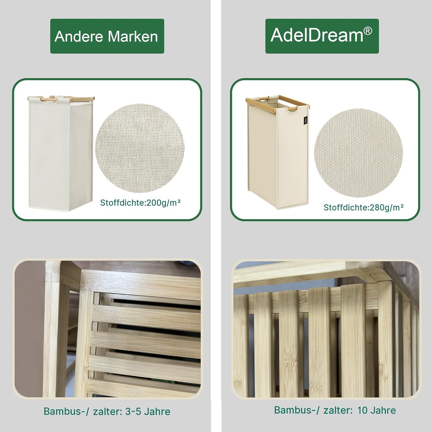 AdelDream Wasmand, 200 liter, 4 vakken, uittrekbare en afneembare waszak, wasmand, bamboe frame, wasmand, wasmand, wasmand, wasmand, wasmand, wasmand, wassorteerder, bamboe (beige-12-8)