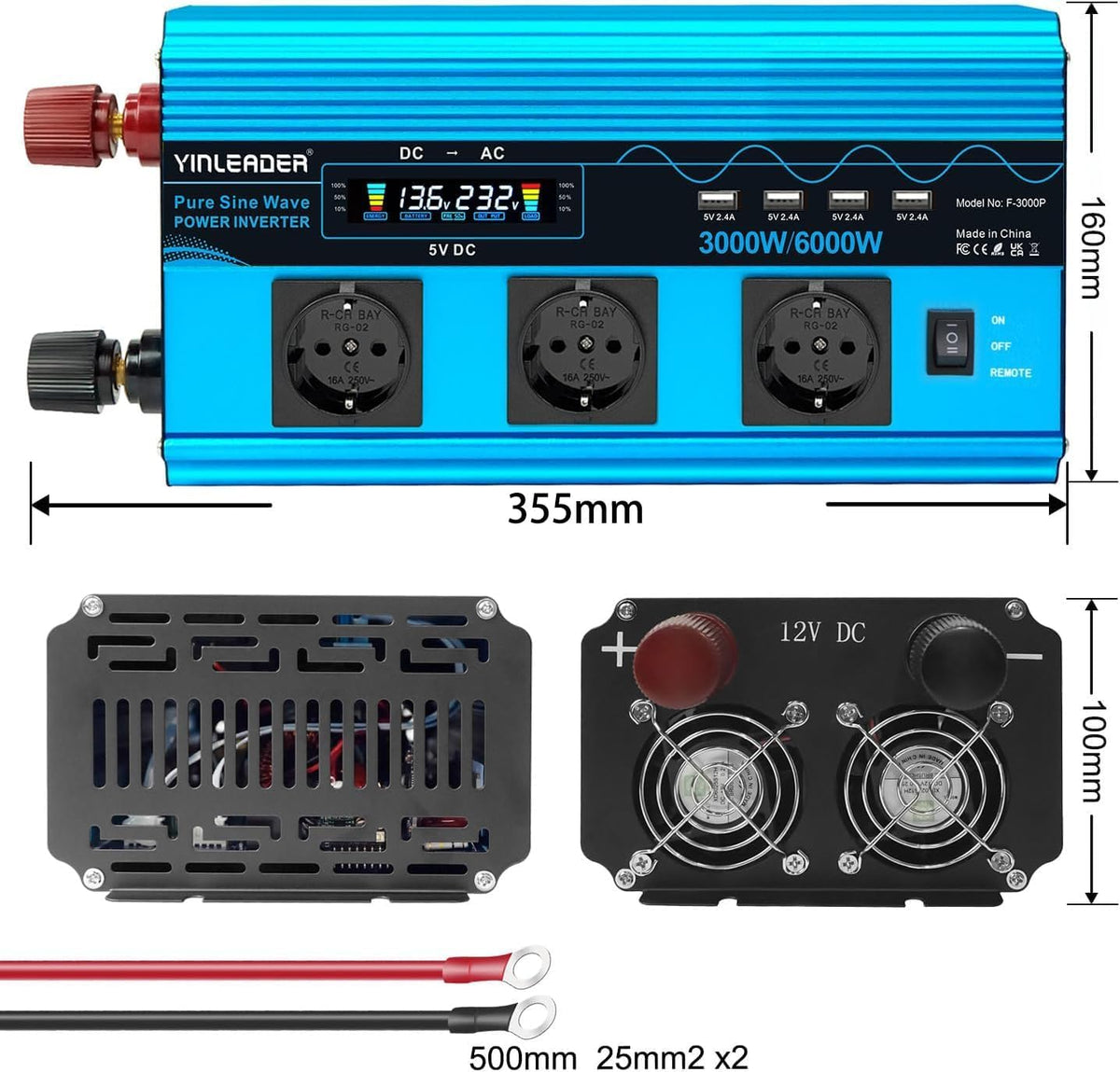 Yinleader Inverter 3000 W spanningsomvormer pure sinus 12 V 230 V met 3 Europese stopcontacten en 4 USB-poorten LCD spanningsweergave