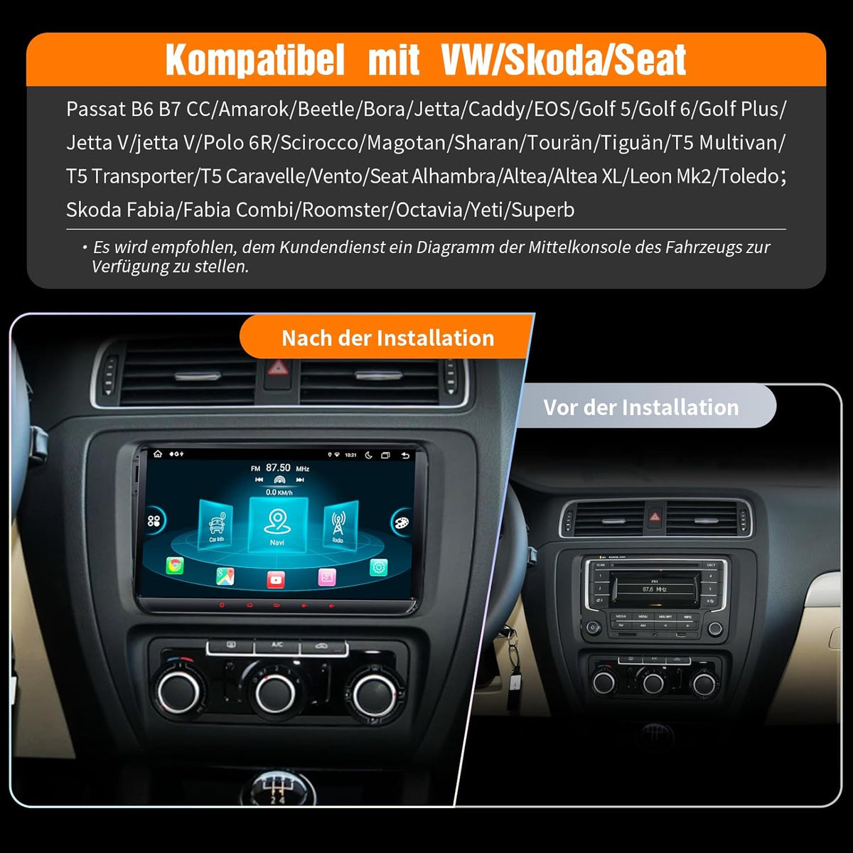 9’’ DAB Autoradio Android 14 für Golf 5/6, VW T5, Polo 6R, 4GB+64GB Wireless CarPlay, Android Auto, Built-in DAB, 2 Din, 8 Core, 4G, Navi, BT5.0, WiFi, USB, FM,TPMS,OBD2, Voice Control