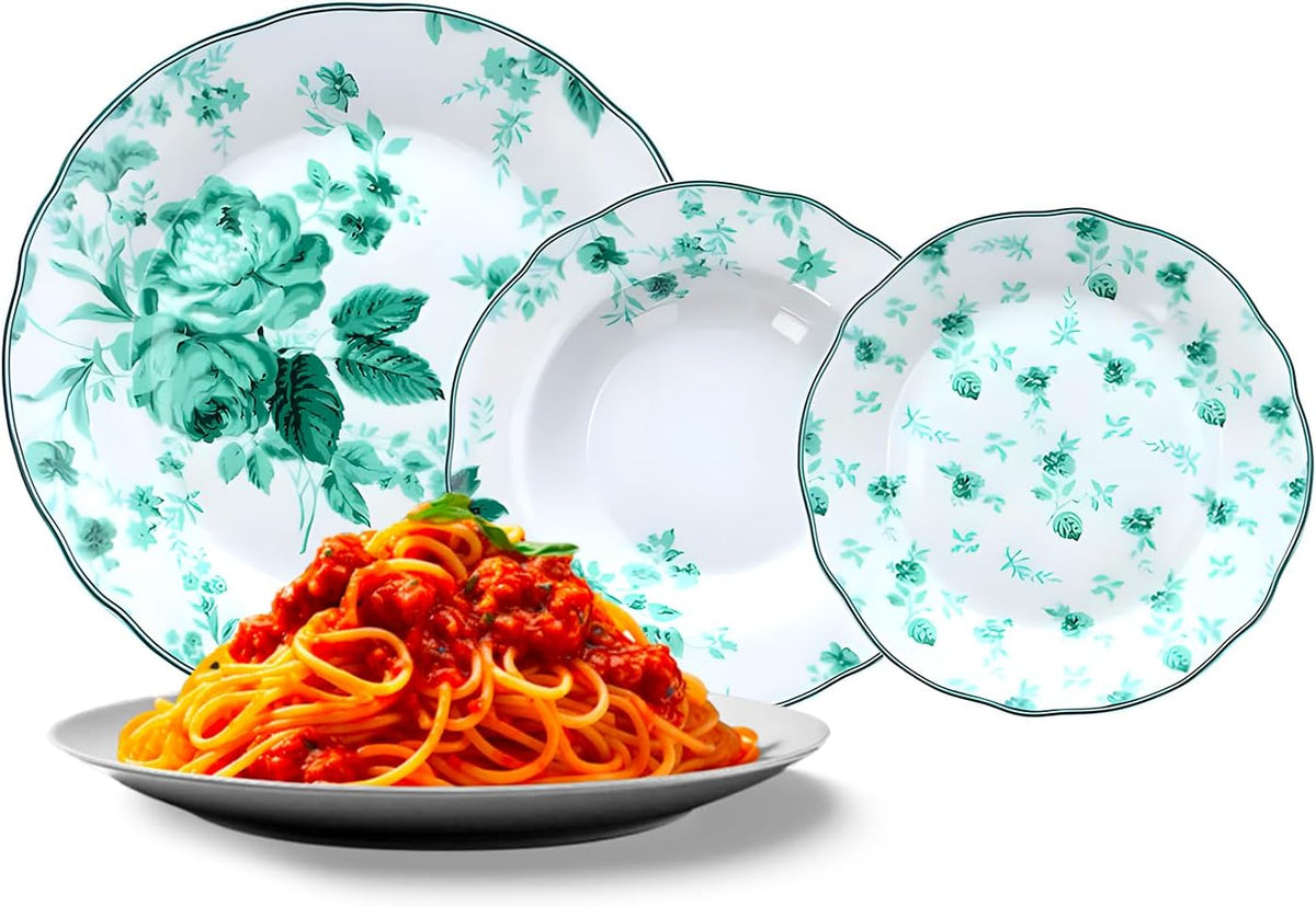 Wintem Porseleinen tafelservies, 18-delig, met platte borden, soep- en dessertborden, ideaal voor speciale gelegenheden of dagelijks gebruik, bordenset voor 6 personen, wit met groene bloemen