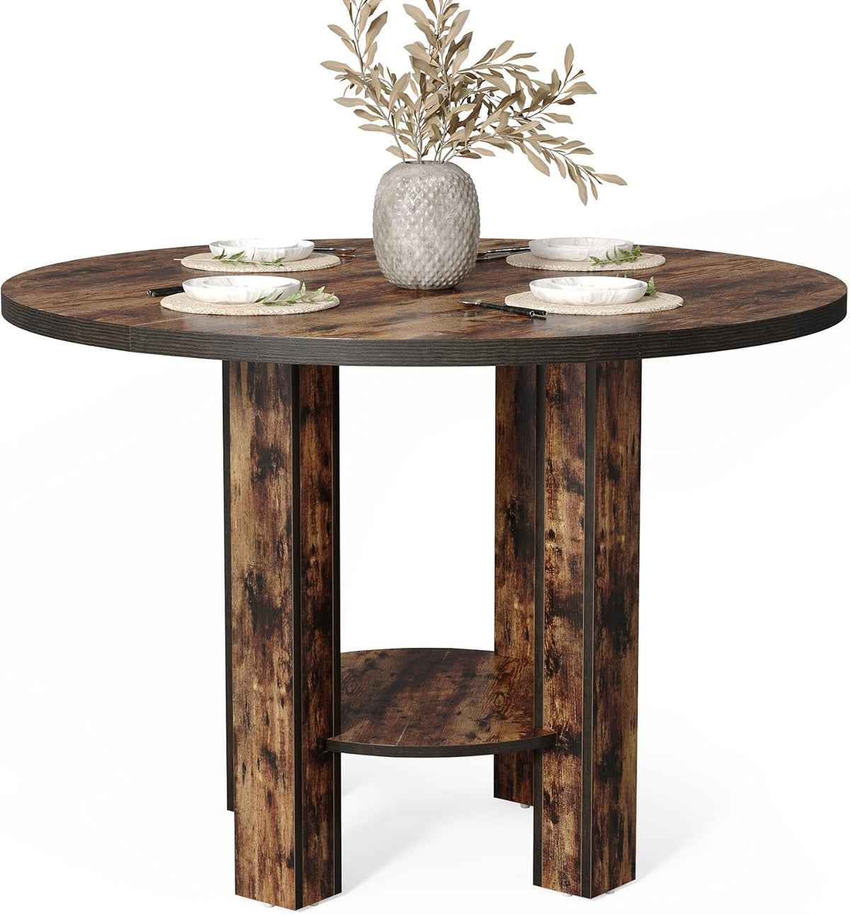 Tribesigns Round Dining Table for 4 People, 100 x 75cm Wooden Kitchen Table Large Dinner Table with Storage Shelf Wooden Legs for Home Dining Living Room, Rustic Brown