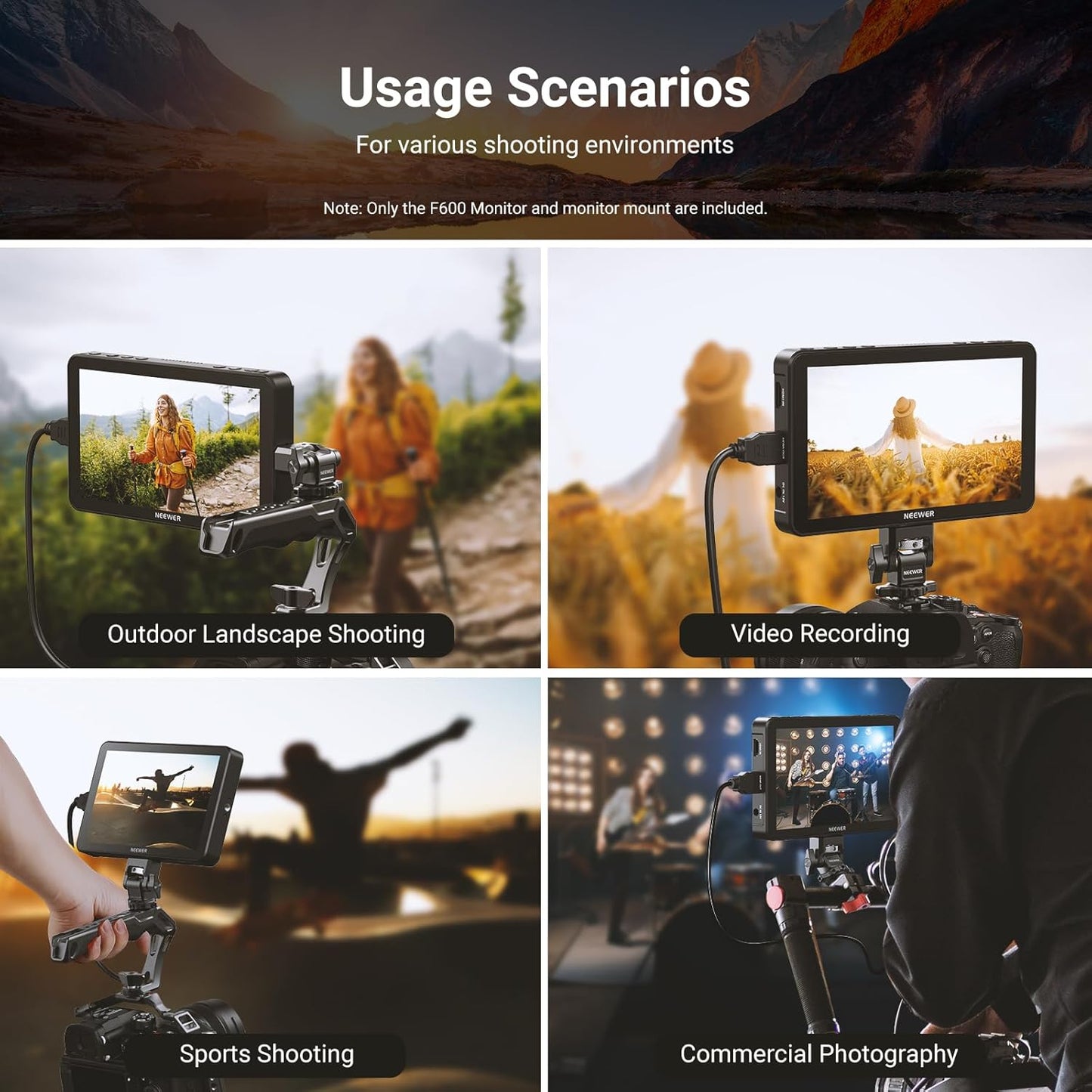 NEEWER F600 7 inch camera veldmonitor, 2400nit HD 1920x1080 IPS-touchscreen met 3D LUT, 4K HDMI-lus/uitgang met Peak Focus DSLR Video Assist HDR-golfvorm, koude schoenhouder, batterij niet inbegrepen