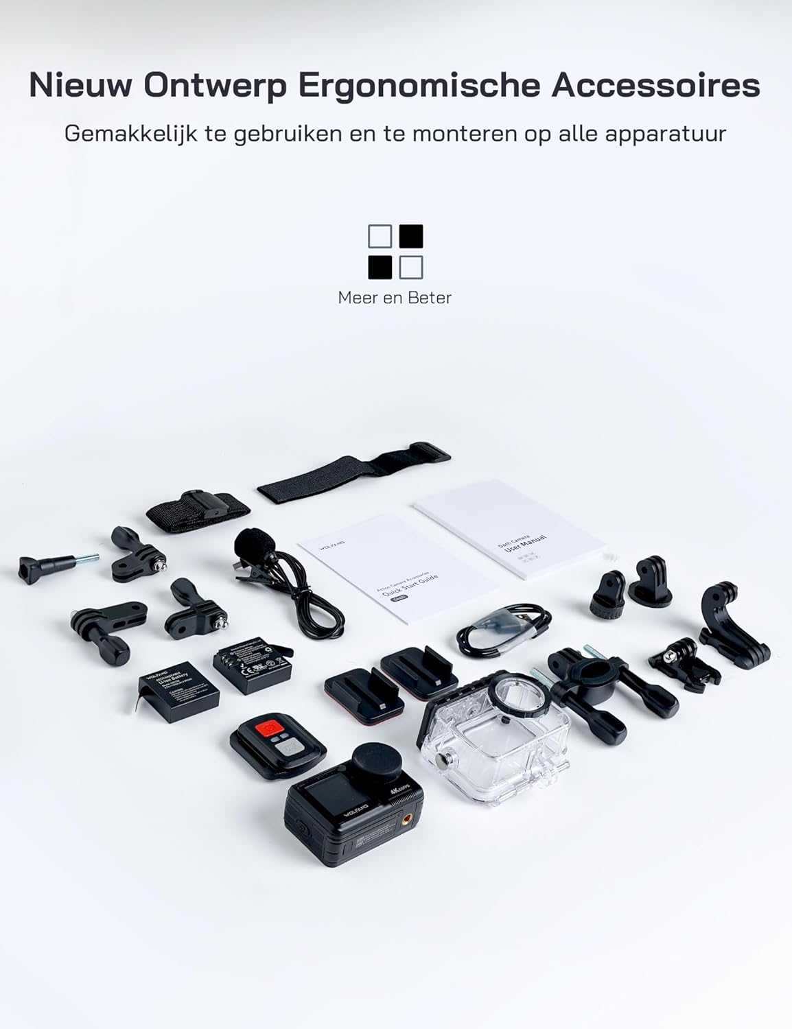 WOLFANG GA420 Actie Camera 4K 60FPS met touchscreen 24MP WiFi onderwatercamera, 10M kale waterdichte/40M waterdichte helmfietscamera met EIS, afstandsbediening, 2x1350mAh batterijen, accessoirekit