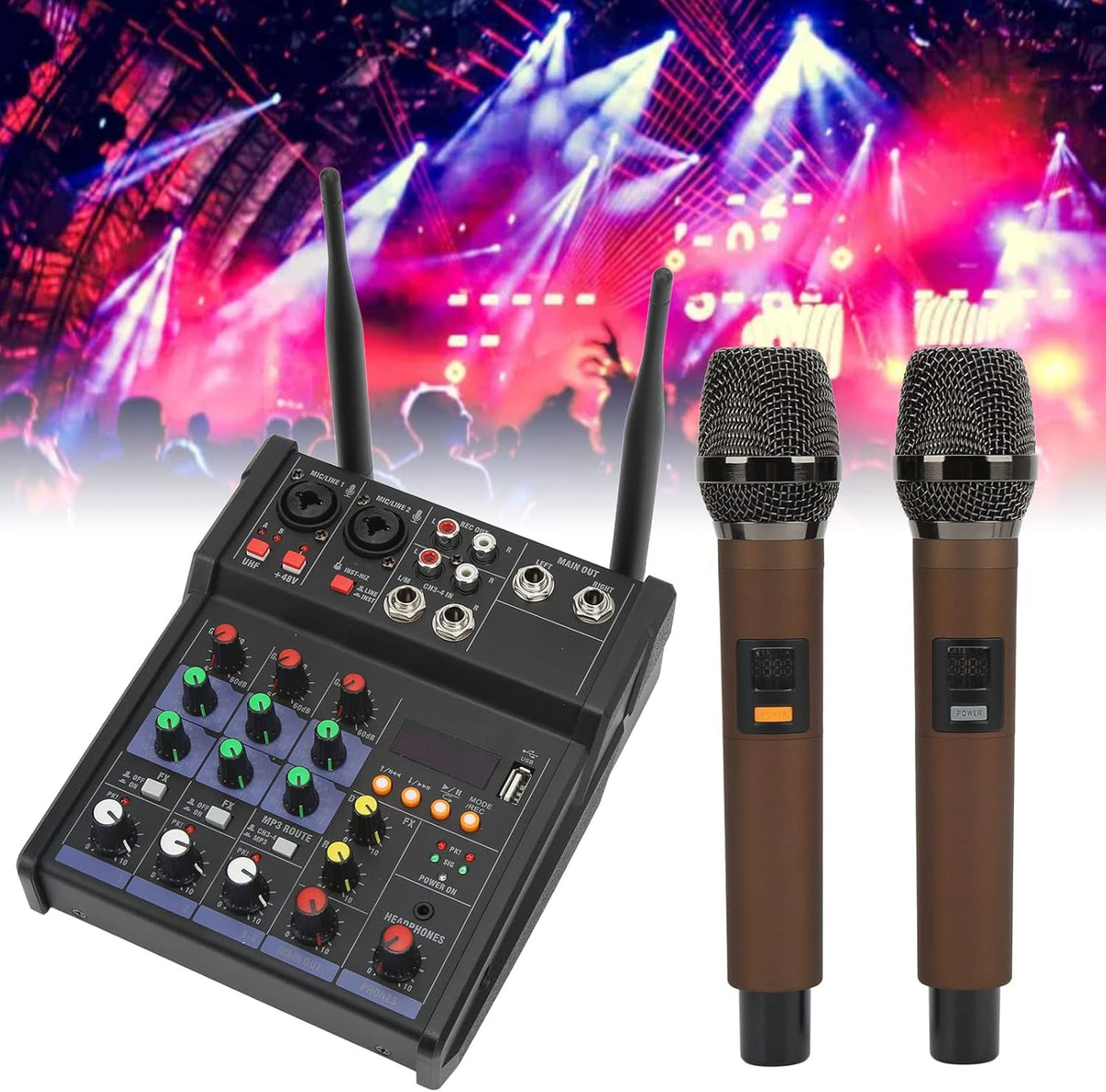 Stereo mixer – Mengpaneel – Audiomixer – Mengtafel – Audiotafel met 2 draadloze microfoons – 4-Kanaals stereo – USB en MP3 ondersteuning