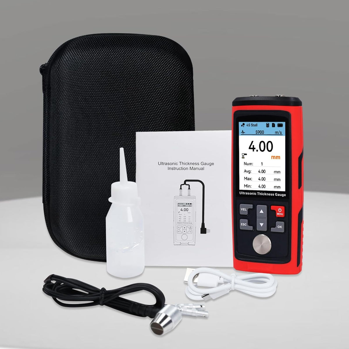 Ultrasone diktemeter, bereik 0,03 tot 11,8 inch met zeer nauwkeurige sonde, gegevensopslag, aanpasbare geluidssnelheden, oplaadbare diktetester voor staal/