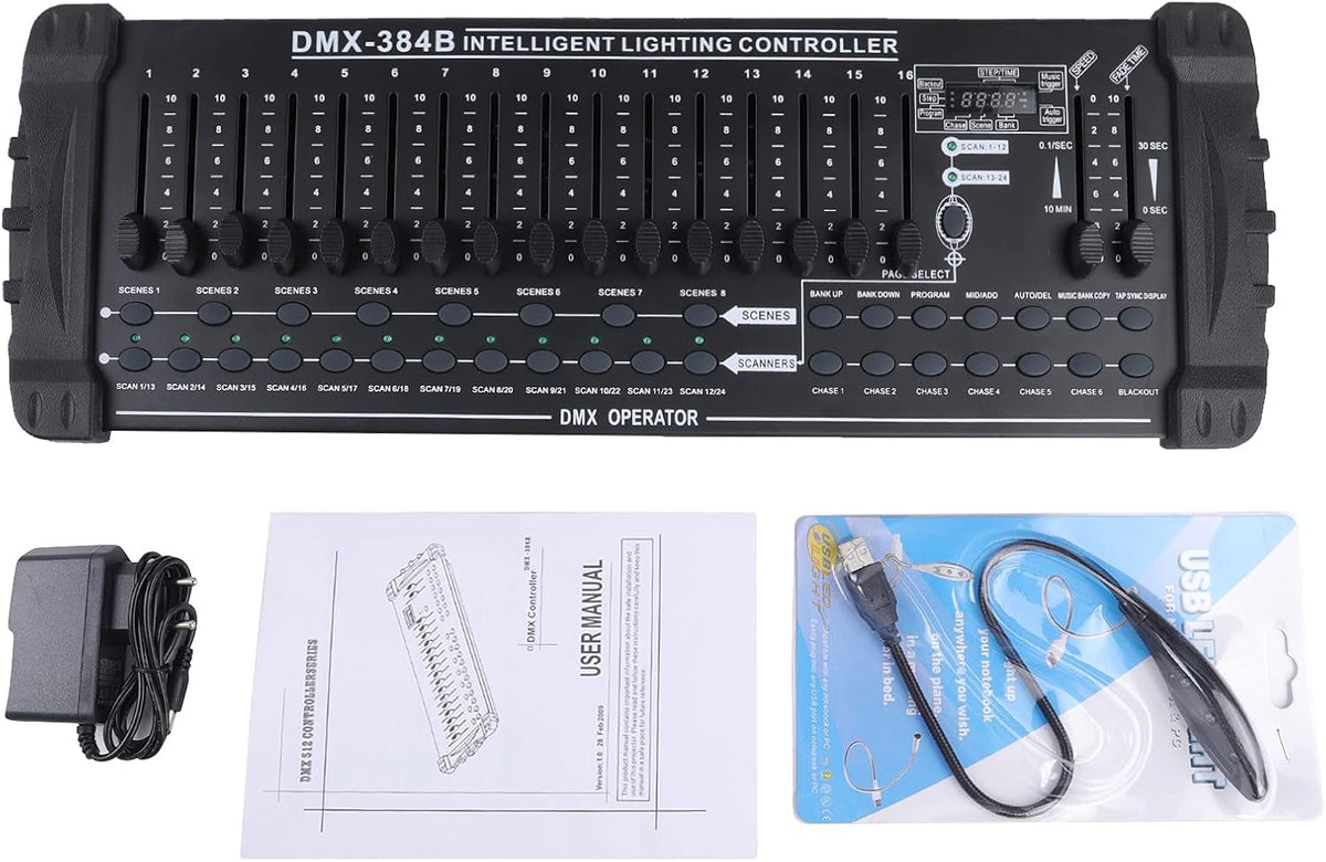 UKing DMX Controller, 384 kanalen, DMX512 controller, console, 240 programmeerbare scènes voor DMX besturing, DMX-lichtpult, party, DJ, disco, moving head, licht, podium, lamp, besturingsuitrusting