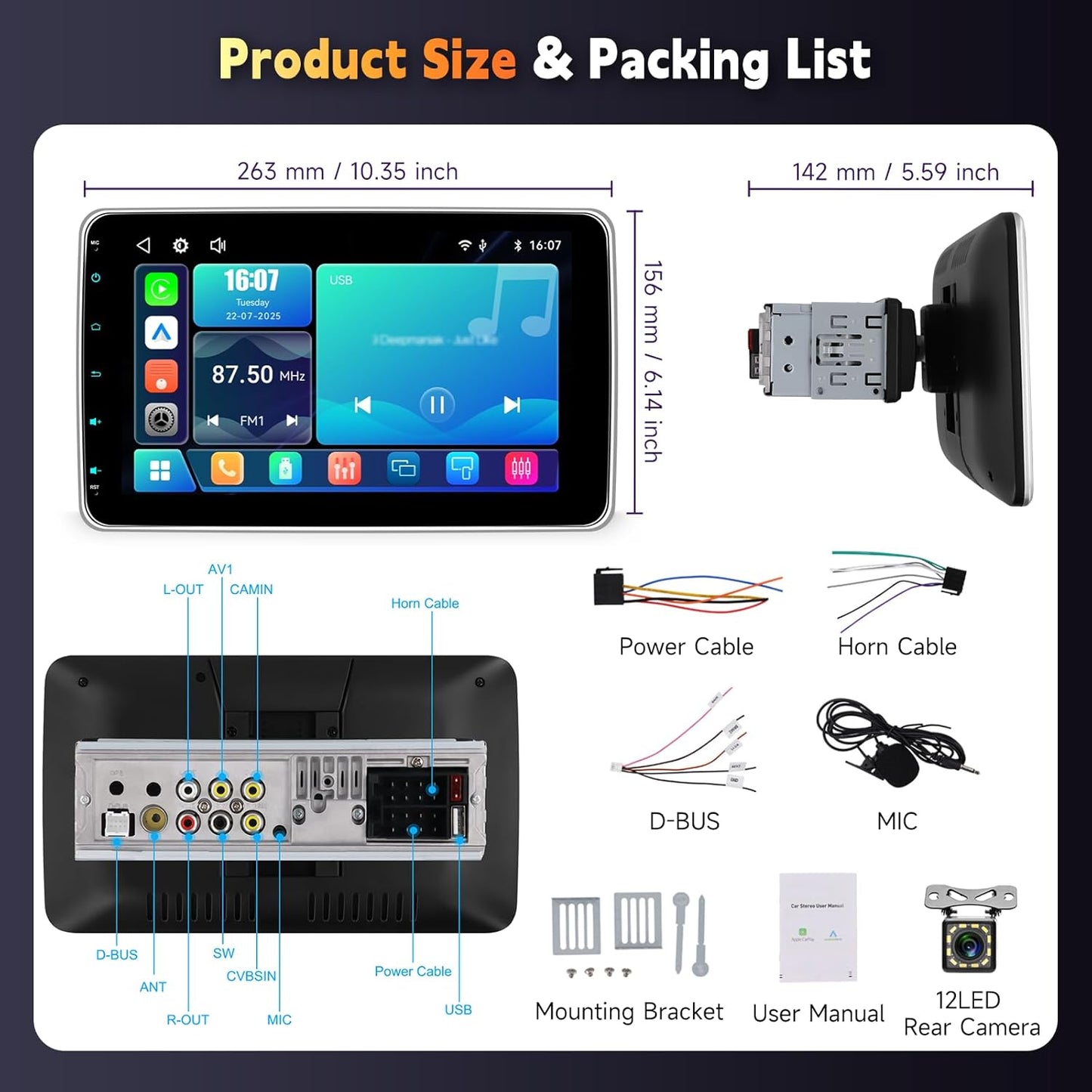Hodozzy Car radio 1 Din with twisted 10.1 inch touch screen, car radio 1 Din with wireless CarPlay/Android car/mirror link, MP5 player with Bluetooth, radio FM, HD online video, EQ, USB/type C + - QUORE
