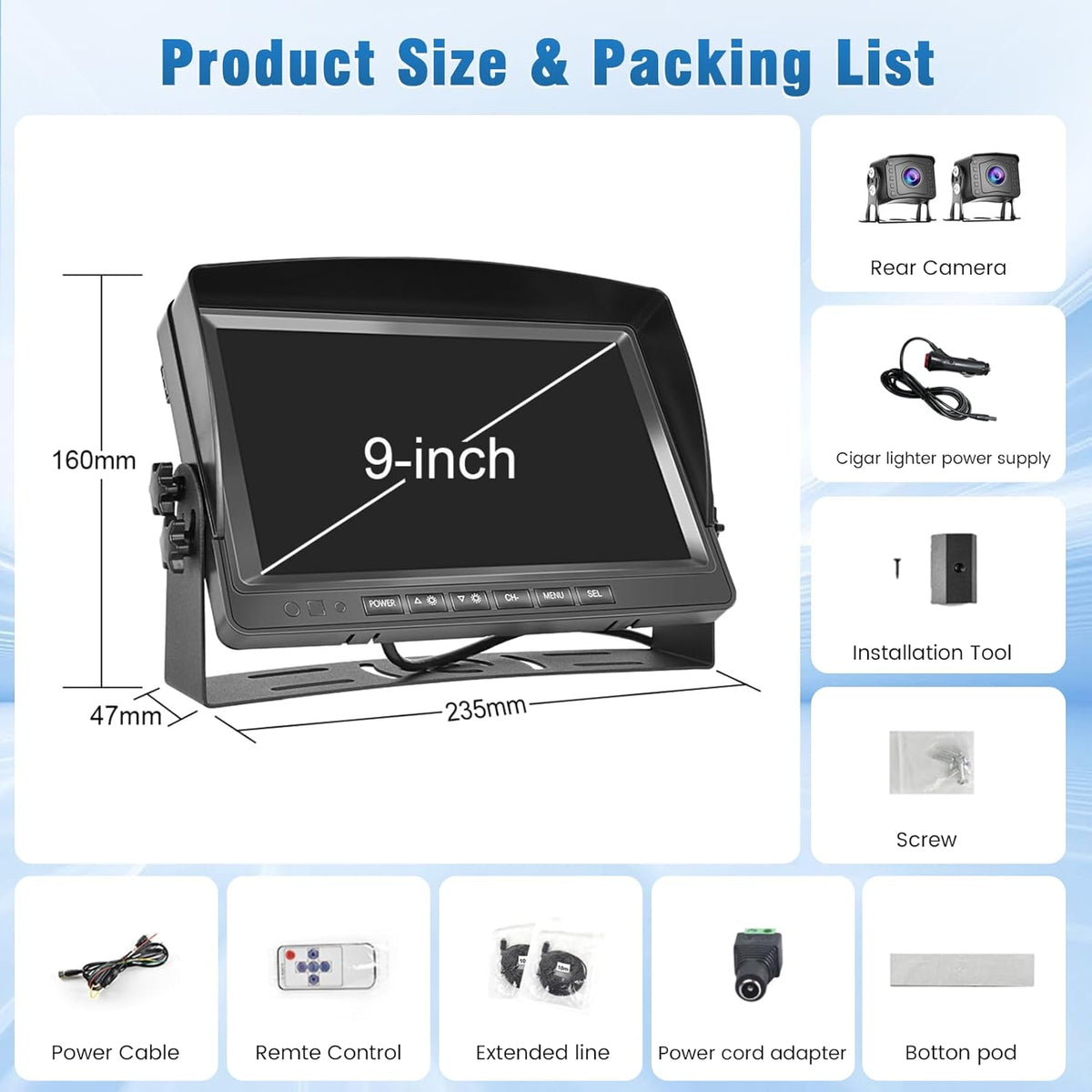 Achteruitrijcamerasysteem met dubbele camera, video-opname, 9 inch lcd-monitor DVR, IP69 waterdicht, full-colour nachtzicht, autocamera met 2 x 10 m kabel voor aanhanger, vrachtwagen, bus