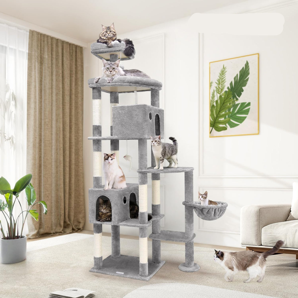 Kattenboom XXL – Krabpaal – Kattentoren – Kattenhuis – Kattenmeubel – 213 cm Hoogte – Ruim Platform – Gevoerde Zitstang – Lichtgrijs