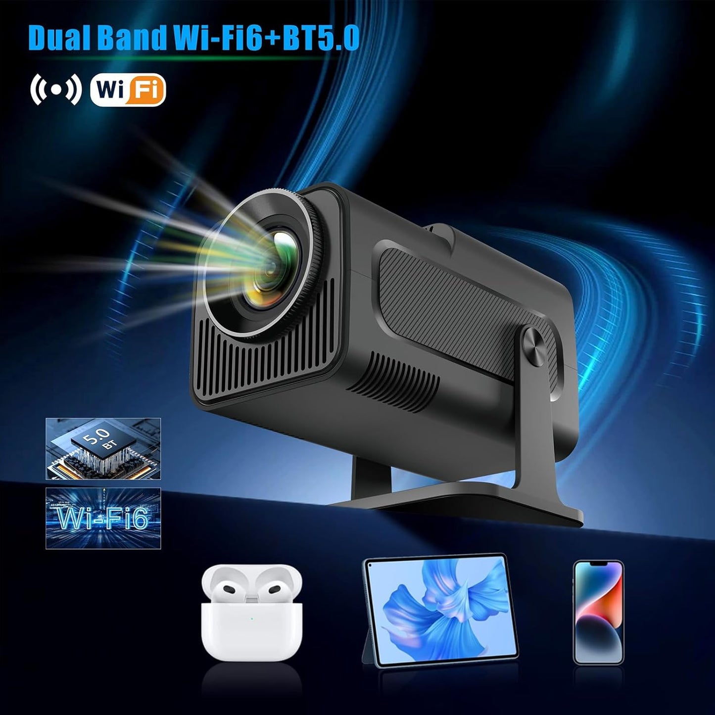 Mini-beamer Auto Keystone – EVISTR Smart, 1080p, draagbaar, thuisbioscoop, wifi, 6 BT 5.0, ondersteuning 180°Flip, 230 ANSI, bluetooth-projector voor telefoon, pc, laptop, PS5, HDMI, USB