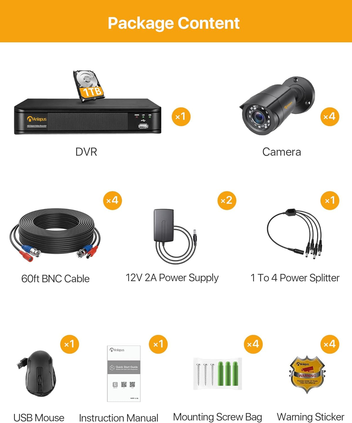 Anlapus 1080P Bewakingscamera Set 4 Buiten Camera met 8CH H.265+ DVR en 1TB HDD, Bewegingsdetectie, 24M IR Nachtzicht