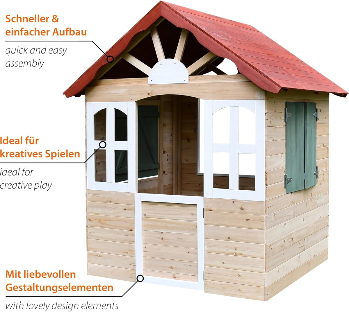 dobar® Kinderspeelhuis van hout met ramen en deuren, speelhuis, outdoor, bouwpakket met eenvoudige montage, kinderhuis voor tuin, rood, 115 x 102 x 125 cm