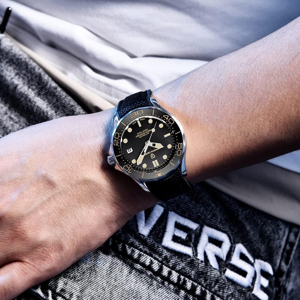 Pagani Design 007-Model Heren Automatische Horloges Japan Beweging Roterende Keramische Bezel Roestvrij Staal Waterdicht Zelf Windend Polshorloge, Zwart rubber Nylon, Japans