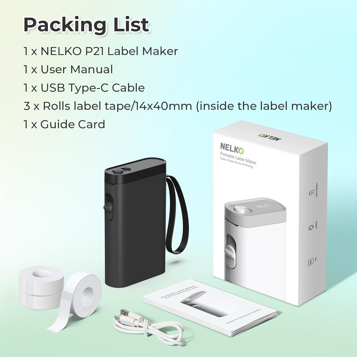 Nelko P21 Draagbare Bluetooth-labelmaker, draadloze stickerprinter met meerdere sjablonen voor thuiskantoororganisatie en opslaglocatie, met 3 rollen thermische tape (14 x 40 mm), zwart