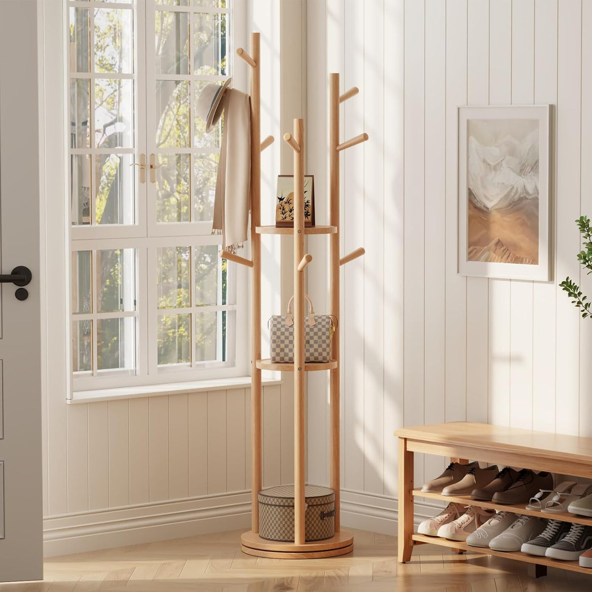 AQIMUELE Kapstok, kledingstandaard, massief hout, draaibare jasstandaard met 3 legplanken en 9 haken, voor hal, slaapkamer (natuurlijk hout)
