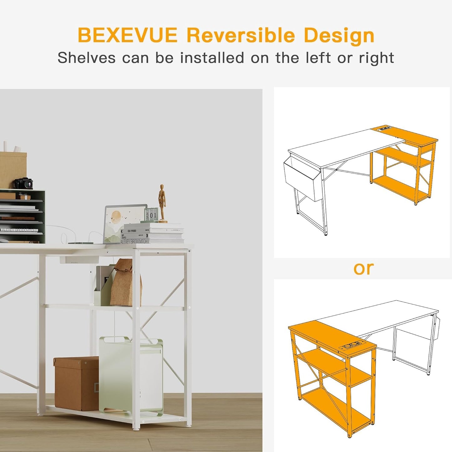 L-vormig bureau – hoekbureau – gametafel – computerbureau – werkplek bureau – wit – 140 x 70 cm – ingebouwde USB- en Type-C-poorten – stevige stalen X-frame