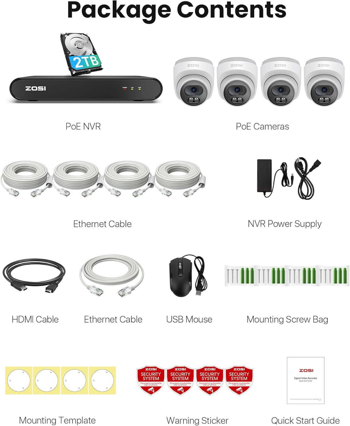 ZOSI 2,5K PoE Bewakingscamera voor Buiten, 8CH 5MP NVR met 2TB HDD, 4X 4MP PoE Dome Camera Bewaking Set met Audio, Persoonsherkenning, 100ft Nachtzicht, C220